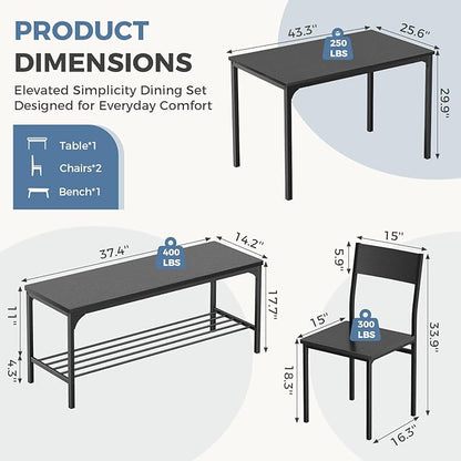 DUMOS Dining Table, Dining Table Set for 4 with Bench, Easy to Assemble Kitchen Table, Space-Saving Ideal 4-Person Set for Dining Room Kitchen Apartment Corner Dark Black 4 Pack