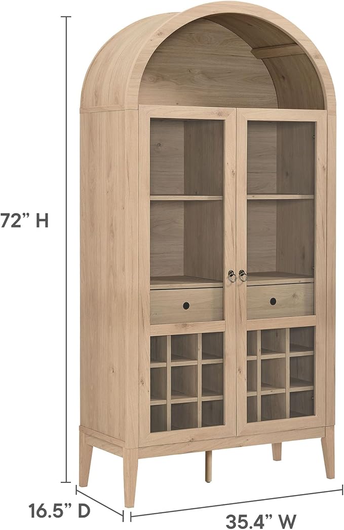 Modway Nolan Modern Farmhouse Arched Bar Cabinet in Light Oak Wood Grain - 72 Inch Tall Wine Storage Cabinet with Glass Doors and Wine Rack - Large Liquor Cabinet for Dining or Living Room