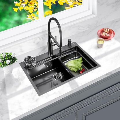 FRANIC 26" Handmade Black Bar Workstation Sink, 26" x 18" x 8" Stainless Steel Matte Nano Black Topmount Single Bowl Small Kitchen Outdoor Sink
