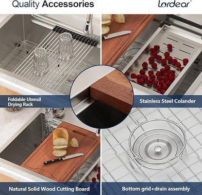 Lordear 33x22 Inch Waterfall Kitchen Sink Drop In T304 16 Gauge 33x22 Workstation Stainless Steel Single Bowl With Pull Out Faucet Set, Integranted Control Temp & Functions,33x22x10 Inch