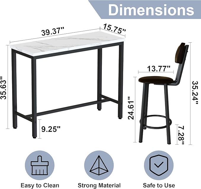 Lamerge Faux Marble Pub Height Table with 2 PU Upholstered Stools,3-Piece Kitchen Table and Chairs,Suit for Dining Room & Living Room & Breakfast Nook,Space Saving Set for 2,White & Brown,39.3"