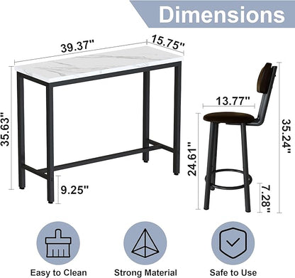 Lamerge Faux Marble Pub Height Table with 2 PU Upholstered Stools,3-Piece Kitchen Table and Chairs,Suit for Dining Room & Living Room & Breakfast Nook,Space Saving Set for 2,White & Brown,39.3"