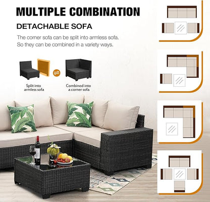 JOYURE 6 Pieces Patio Furniture Set All-Weather Outdoor Wicker Sectional Conversation Sofa Rattan Patio Seating Sofa with Cushion and Glass Table for Porch Poolside,Beige
