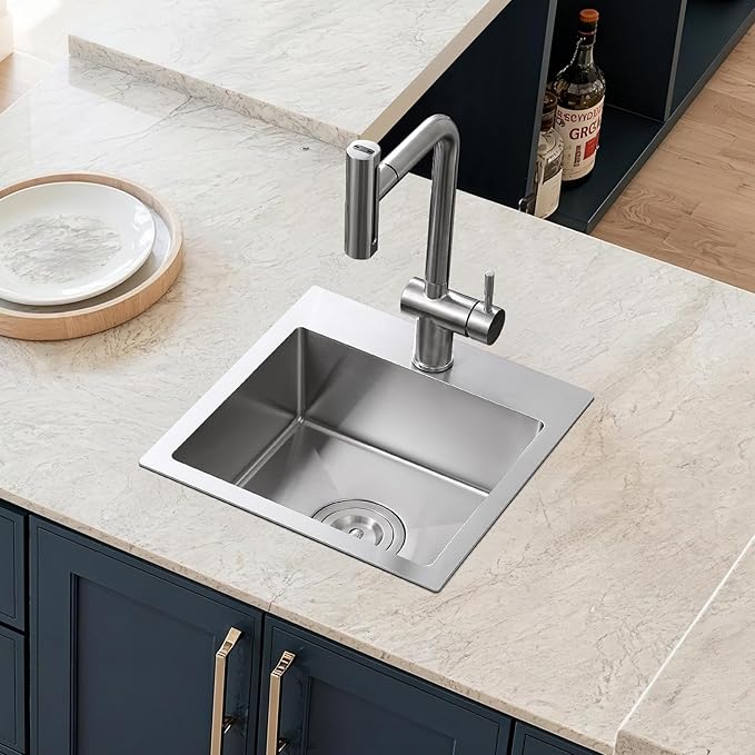 15 x 15 inch Bar Sink, Drop-in Tight Radius Brushed Stainless Steel Topmount Kitchen Sink Single Bowl