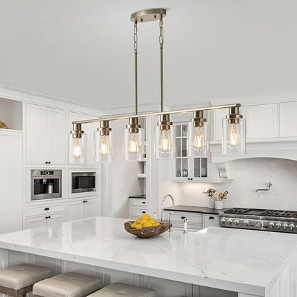 Dining Room Light Fixtures Over Table,6-Light Farmhouse Kitchen Island Lighting,44.3'' Linear Chandelier Pendant Lighting for Kitchen Island for Brushed Nickel Finish with Clear Glass Shade