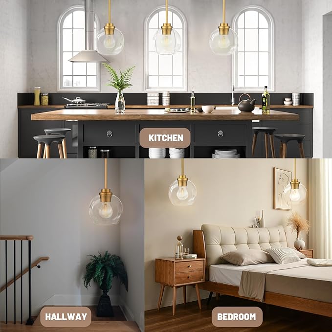 Gold Pendant Light, 7 Inch Clear Glass Farmhouse Hanging Fixture, Adjustable Height & Sloped Ceiling Compatible for Kitchen Island Dining Room Entryway Bedroom Hallway, 2 Pack