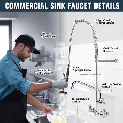 Commercial Faucet with Sprayer, 36 Inch Height Commercial Sink Faucet Wall Mount with 8" Adjustable Center and 12" Add-on Swing Spout & Pull Down Pre Rinse Sprayer