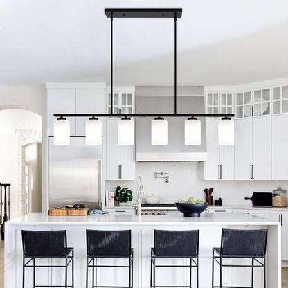 45.27'' Modern Farmhouse Kitchen Island Light, 6-Light Island Lights for Kitchen, Dining Room Light Fixture, Black Hanging Pendant Light with Milk Glass Shade, Linear Chandelier with Adjustable Rod