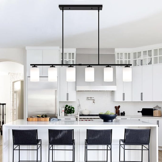 45.27'' Modern Farmhouse Kitchen Island Light, 6-Light Island Lights for Kitchen, Dining Room Light Fixture, Black Hanging Pendant Light with Milk Glass Shade, Linear Chandelier with Adjustable Rod