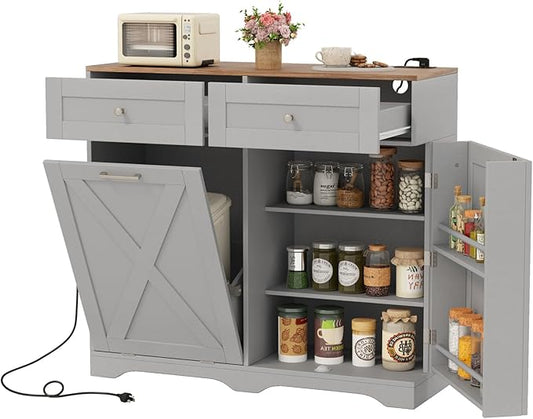 Giantex Kitchen Island with Tilt Out Trash Can Storage & Power Outlet, 39.5" W Island Table with 2 Drawers, 2-Tier Spice Racks, Adjustable Shelf for Dining Room, Laundry Room (Grey+Walnut)