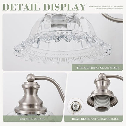 Brushed Nickel Bathroom Light Fixtures Over Mirror, 2 Light Vintage Bathroom Vanity Light Fixture with Clear Flower Glass Shades, Retro Vanity Lights for Bathroom, Bathroom Vanity Lights Over Mirror