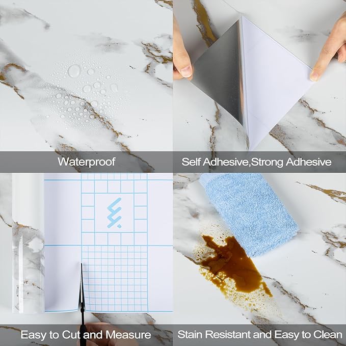Abyssaly Marble Contact Paper White Gold Granite Peel and Stick Wallpaper for Countertop Self-Adhesive Thickening Wall Paper for Kitchen Bathroom and Furniture (11.8" x 78.7")