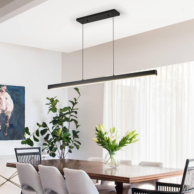 LED Linear Pendant Light Fixtures, 47'' Black Dimmable Island Light with Remote, 3000k-6000K Adjustable Color Temperature, Aluminum Chandelier Lamp Fixture for Kitchen, Dining Room, study room