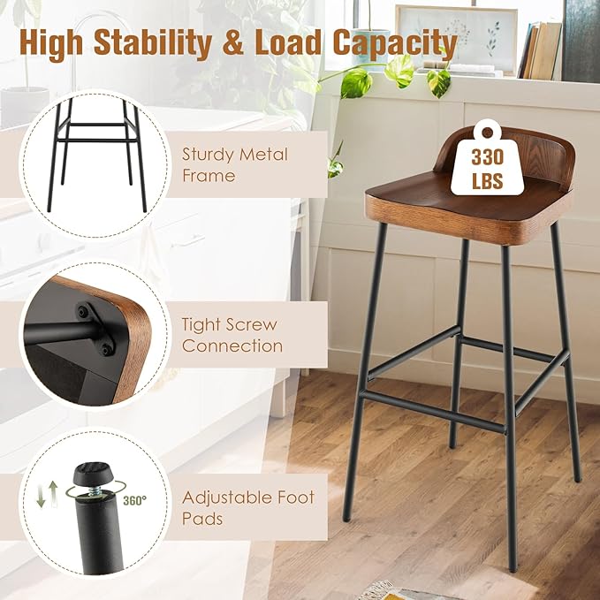 Giantex 29" Bar Height Bar Stools Set of 2, Industrial Wood Barstools with Metal Legs, Chic Low Back, Curved Seat Surface, Max Load 330 Lbs, Wooden Armless Bar Dining Chairs for Kitchen Island Pub