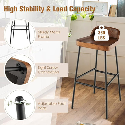 Giantex 29" Bar Height Bar Stools Set of 2, Industrial Wood Barstools with Metal Legs, Chic Low Back, Curved Seat Surface, Max Load 330 Lbs, Wooden Armless Bar Dining Chairs for Kitchen Island Pub