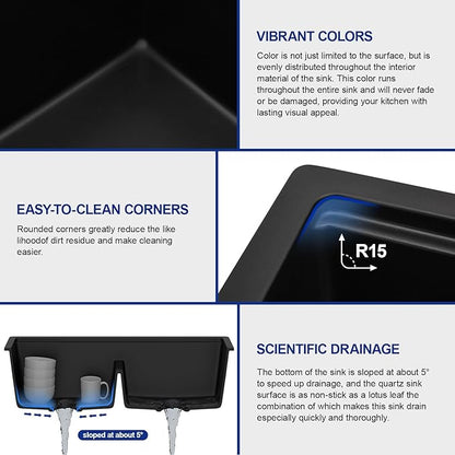 Dcolora 33 Inch Granite Composite Kitchen Sink Black Ktichen Sink Workstation 50/50 Double Bowl Quartz Under Counter Sinks Classic Matte Black 33“×19"×10，#DC-GX3328