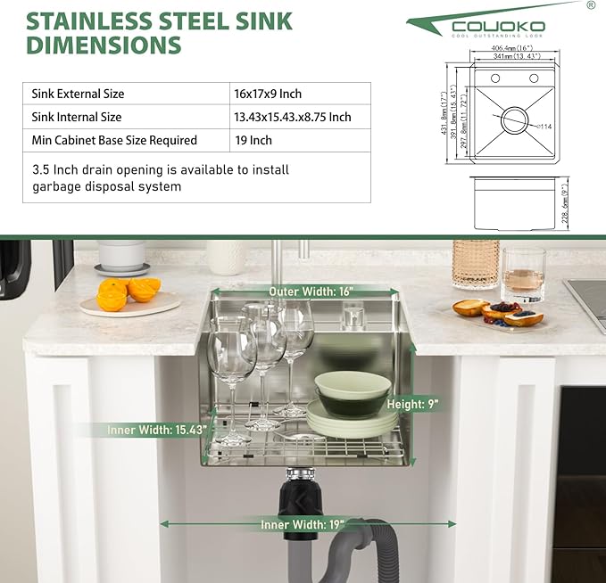 16x17 Inch Outdoor Sink Undermount RV Sink Workstation 16 Gauge Stainless Steel Single Bowl Handmade Concealed Outdoor Kitchen Sinks With Folding Faucet 16"x17"x9"