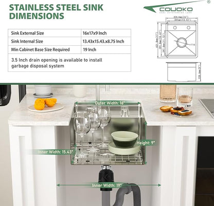 16x17 Inch Outdoor Sink Undermount RV Sink Workstation 16 Gauge Stainless Steel Single Bowl Handmade Concealed Outdoor Kitchen Sinks With Folding Faucet 16"x17"x9"