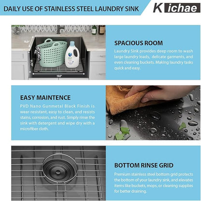 Kichae 21 Laundry Sink Undermount Black - 21x18 Inch Undermount Utility Sink Stainless Steel 12" Deep Single Bowl Under Counter Laundry Utility Room Handmade Basin