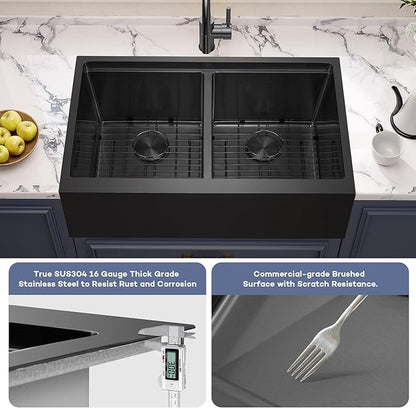 MILOSEN 28 Inch Black Farmhouse Kitchen Sink, 28''x22'' Drop in Black Stainless Steel Workstation Apron Front Sink with Ledge & Accessories, Double Bowl Farm Sinks, 10'' Large and Deep Handmade Sinks