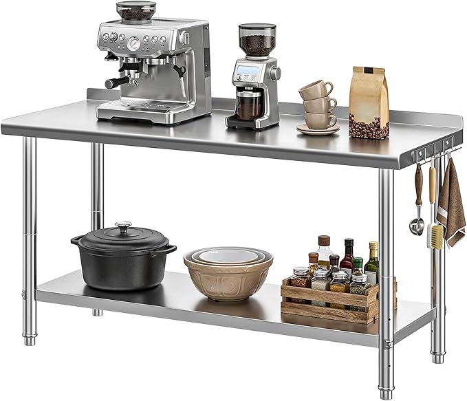 DWVO 60x24in Stainless Steel Table, NSF Metal Prep Worktable with Backsplash for Kitchen Restaurant Hotel Garage Warehouse Home