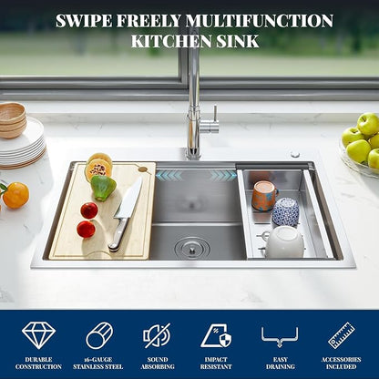 GarveeTech Kitchen Sinks,33×22×10 inch Workstation Drop-In Kitchen Sink – Brushed Stainless Steel, Deep 10 inch Single Bowl, Heavy-Duty Rim, Grid & Drain Assembly