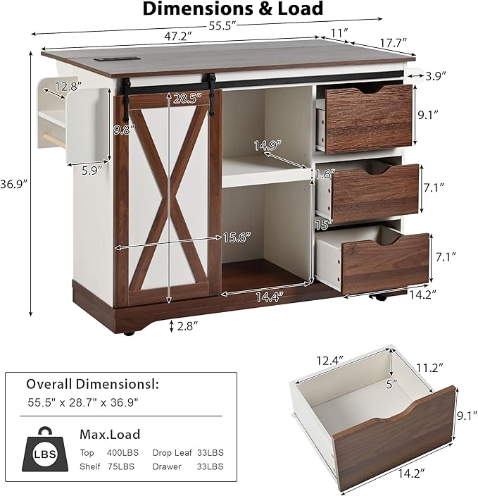 Ball & Cast Farmhouse Kitchen Island with Drop Leaf & Barn Door,Rolling Kitchen Cart on Wheels with Power Outlet,3 Large Drawers,Adjustable Shelf & Spice Rack,for Home,Kitchen,Dining Room,White,56"