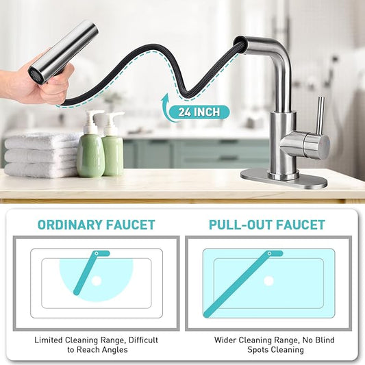 Bathroom Sink Faucet with 4 Mode Pull Down Sprayer, Brushed Nickel Single Handle Pull Out Faucet with Pop-Up Drain, 1 or 3 Hole Laundry Bar Basin Faucet with Deck Plate