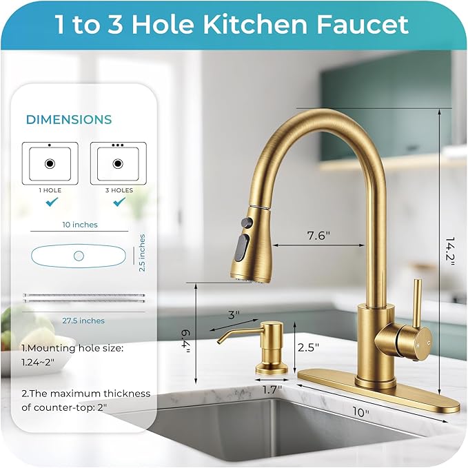 Pull Down Kitchen Faucet with Soap Dispenser - Brushed Gold Single Handle Kitchen Faucets, High Arc Stainless Steel Pull Out Kitchen Sink Faucet with Deck for RV Laundry Farmhouse Bar