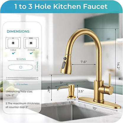 Pull Down Kitchen Faucet with Soap Dispenser - Brushed Gold Single Handle Kitchen Faucets, High Arc Stainless Steel Pull Out Kitchen Sink Faucet with Deck for RV Laundry Farmhouse Bar