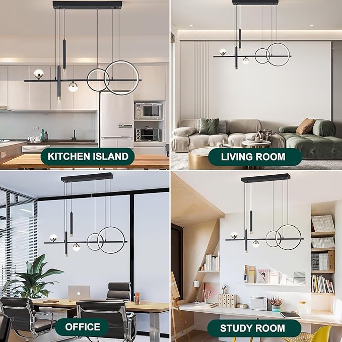 ORANOOR LED Modern Chandeliers for Dining Room, Dimmable Black Gold Chandelier Kitchen Pendant Lighting Over Island, Linear Ring Globe Pendant Light Fixtures Dining Room Lights Ceiling Hanging