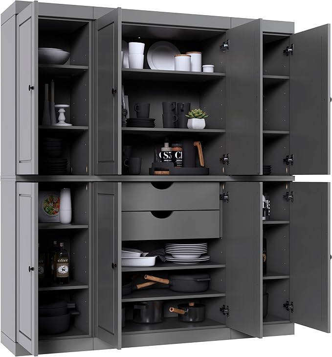 Palace Imports Solid Wood Pantry Cabinet - 71.5" Tall, 65" Wide Freestanding Cupboard Storage with 2-Drawer Kit & Adjustable Shelves – Gray, Renewable Eco-Friendly 100% Wood, Made in Brazil