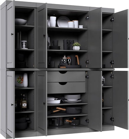 Palace Imports Solid Wood Pantry Cabinet - 71.5" Tall, 65" Wide Freestanding Cupboard Storage with 2-Drawer Kit & Adjustable Shelves – Gray, Renewable Eco-Friendly 100% Wood, Made in Brazil