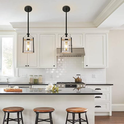 Farmhouse Pendant Light, Seeded Glass Kitchen Light with Metal Cage, Rustic Hanging Pendant Lighting Fixture with Distressed Wood Finish, Modern Farmhouse Island Light for Dining Room, Foyer
