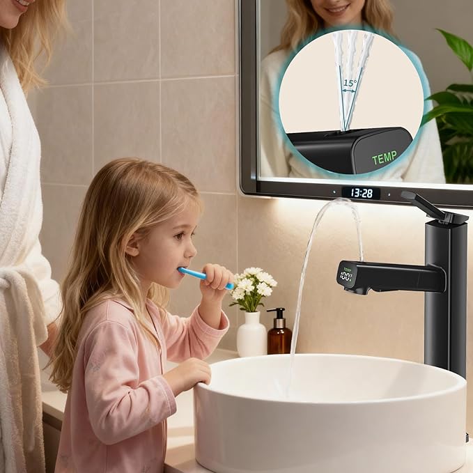 HANLIAN Single Handle Vessel Sink Faucet with Pull Out Sprayer, Tall Single Hole Bathroom Faucet with Digital Temperature Display, 3 Modes High Bathroom Vanity Faucets 1 Hole with Rotating Spout