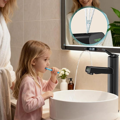 HANLIAN Single Handle Vessel Sink Faucet with Pull Out Sprayer, Tall Single Hole Bathroom Faucet with Digital Temperature Display, 3 Modes High Bathroom Vanity Faucets 1 Hole with Rotating Spout