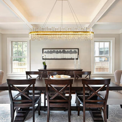 Gold Led Modern Crystal Chandelier: 52" Rectangle Linear 3 Color Dimmable Large Chandelier for Dining Room Over Table - Luxury Rectangular Contemporary Oval Light Fixture for Living Room Bedroom Foyer