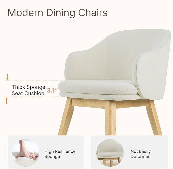 KISLOT Wooden Dining Chairs Set of 4, Fabric Upholstered Modern Dining Room Chairs with Barrel Backrest & Double-Layer Thick Cushion for Living Room, Restaurant, Kitchen and Café, Beige, 2 Boxs