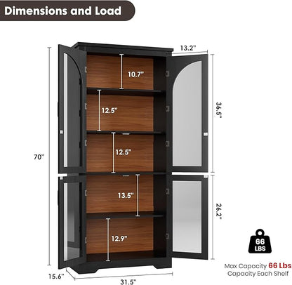 Garvee 70" Tall Kitchen Pantry Cabinet - Modern Display Cabinet with 4 Arched Glass Doors and Adjustable Shelves, Versatile Cupboard Organizers for Kitchen, Dining Room, Living Room, Bathroom, Black
