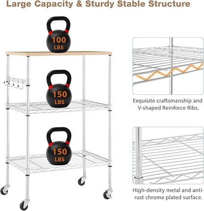 BolDuck 450Lbs Capacity Microwave Cart with Wheels, 3 Tier Rolling Cart with Adjustable Shelves, Multifunctional Metal Utility Storage Kitchen Carts on Wheels, 23.6" L*15.7" W*37" H, Wood+Chrome