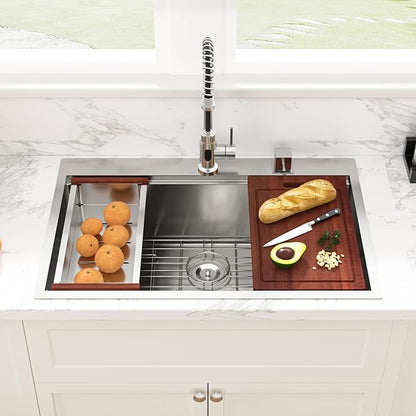 Sarlai Drop In Kitchen Sink - 33x22 Drop In Kitchen Sink Ledge Workstation 16 Gauge Stainless Steel Topmount Deep Single Bowl Over Counter Sinks Basin Round Corners