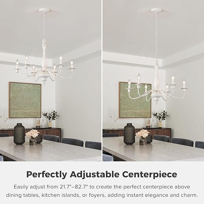 Farmhouse Chandeliers for Dining Room, 6-Light Distressed White French Country Chandelier, Vintage Wood Rustic Chandelier Hanging Light Fixture for Bedroom Living Room Foyer Entryway