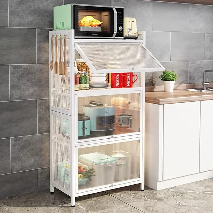 Gdrasuya10 White Kitchen Pantry Storage Buffet Cabinet, 3 Tier Metal Pantry Cabinet with Folding Doors Freestanding Kitchen Storage Cabinet Suitable for Kitchen (43'' H)