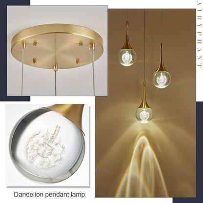 3 Light Gold Pendant Lighting, 15W Modern Dimmable LED Teardrop Crystal Chandelier Cluster Pendant Light for Kitchen Island Dining Room Hallway Bathroom 3000k Warm White