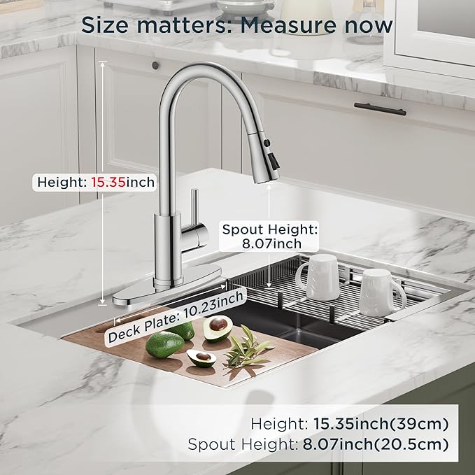 QFN Kitchen Faucet with Pull Down Sprayer Chrome, High Arc Single Handle Single Level Stainless Steel Pull Out Sink Faucet for Farmouse Camper RV Bar, Fit for 1 or 3 Hole