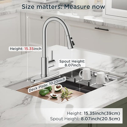 QFN Kitchen Faucet with Pull Down Sprayer Chrome, High Arc Single Handle Single Level Stainless Steel Pull Out Sink Faucet for Farmouse Camper RV Bar, Fit for 1 or 3 Hole