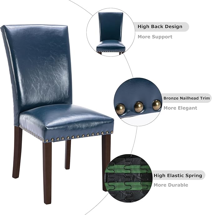 COLAMY Upholstered Parsons Dining Chairs Set of 6, PU Leather Dining Room Kitchen Side Chair with Nailhead Trim and Wood Legs - Blue
