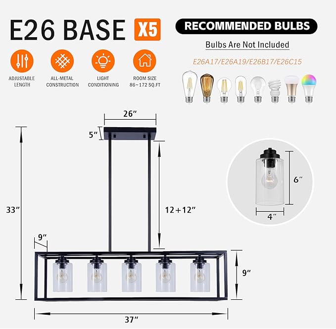 Black Rectangle Kitchen Island Lights Rectangular Modern Industrial Chandelier for Dining Room 5 Lights Linear Vintage Cage Light Fixtures