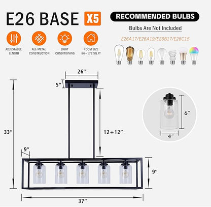Black Rectangle Kitchen Island Lights Rectangular Modern Industrial Chandelier for Dining Room 5 Lights Linear Vintage Cage Light Fixtures