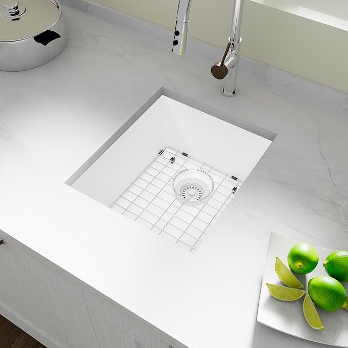 White Bar Sink, White Granite Composite Kitchen Sinks With Accessories, 17 Inch Undermount Quartz Stone Kitchen Sinks, 17" x 19" x 10" Small Kitchen Sink used for RV, Bar, Outdoor and Wet Bar